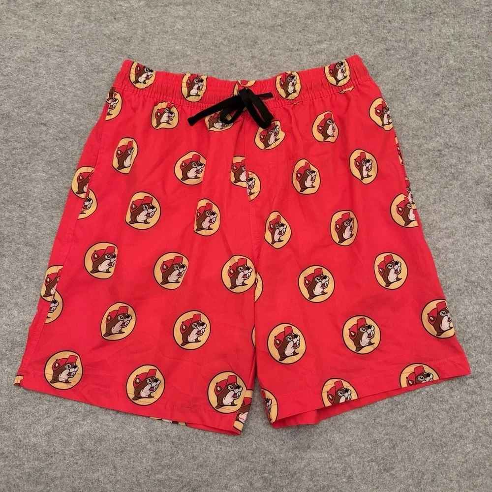 Buc-ee's Men's Swim Trunks Shorts Red Yellow Beaver Logo Beach Lined Size S